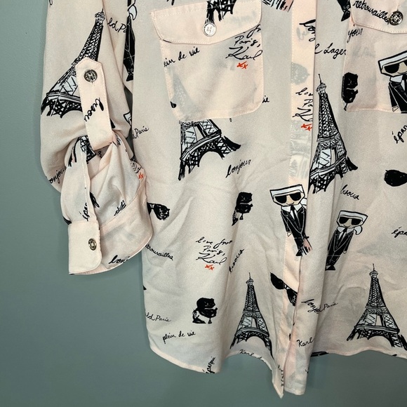 Karl Lagerfeld Paris Printed Baby Pink Button Down Top - Picture 5 of 11